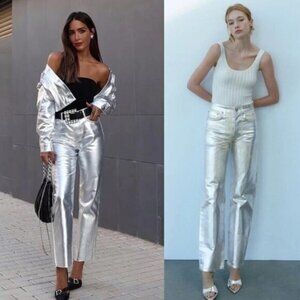 NWT ZARA High Rise Straight Cut Metallic Foil Jeans Size 0 Silver